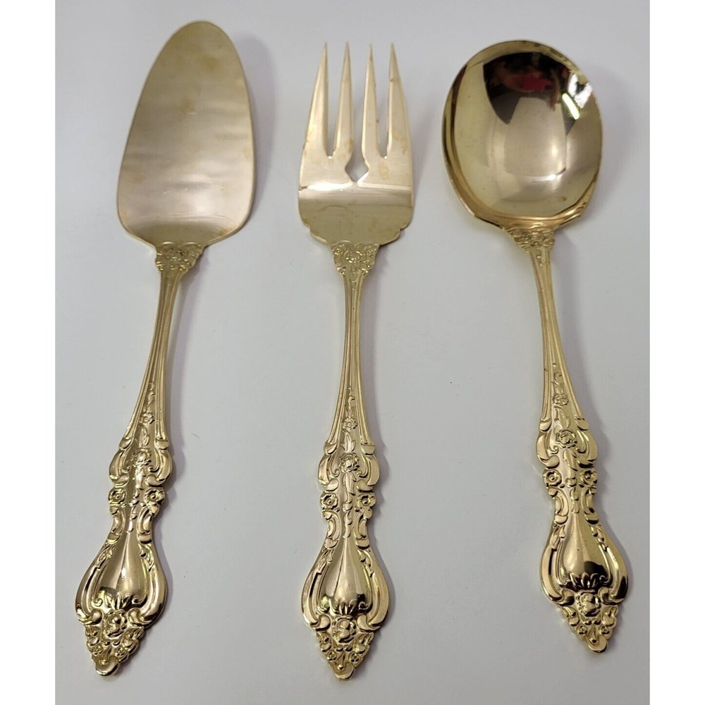 Royal Sealy Gold Plated Stainless Steel Flatware 3 Pc Hostess Set Japan Vintage